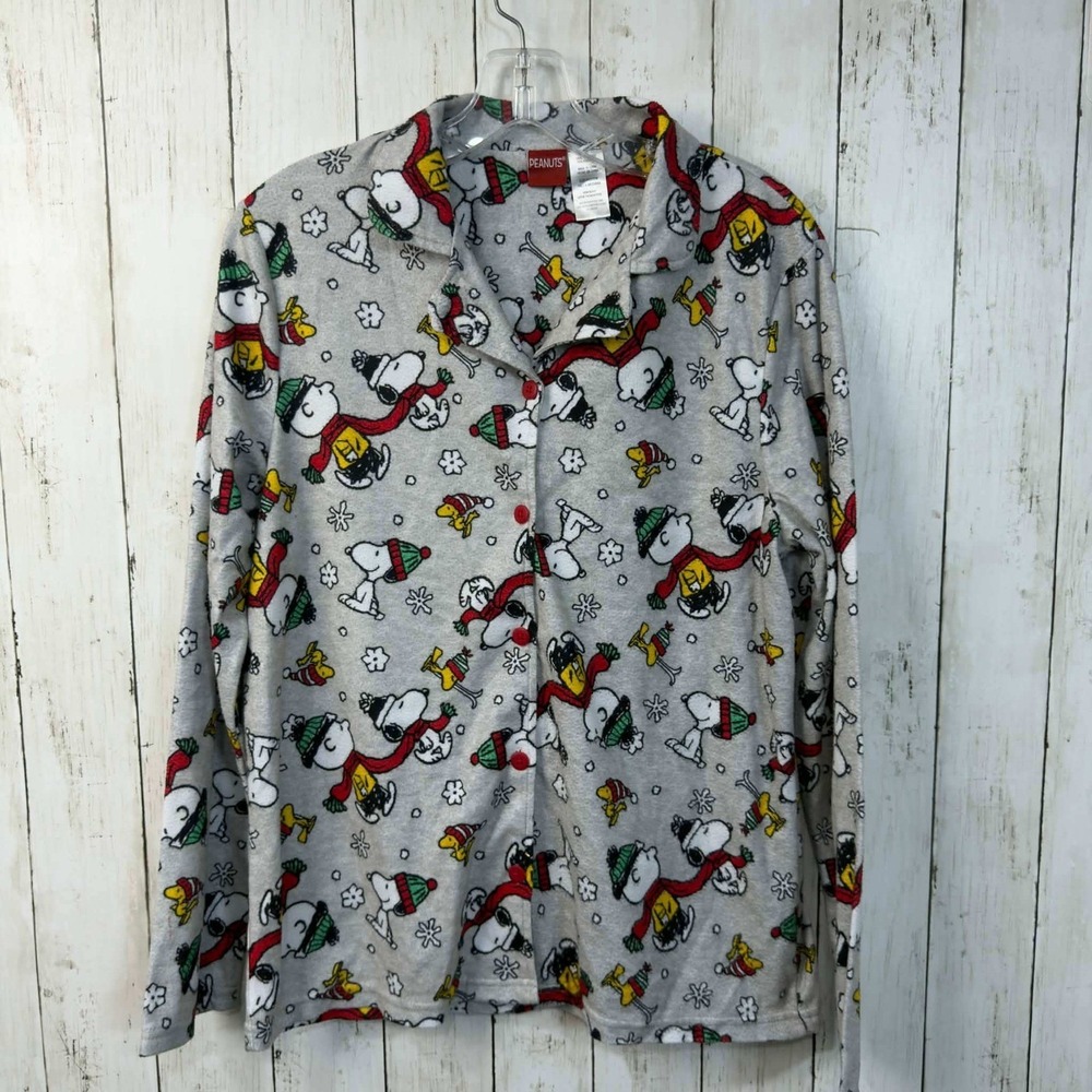 Peanuts Women's Snoopy Christmas Pajama Top‎ Gray Holiday Sleep Shirt Size M